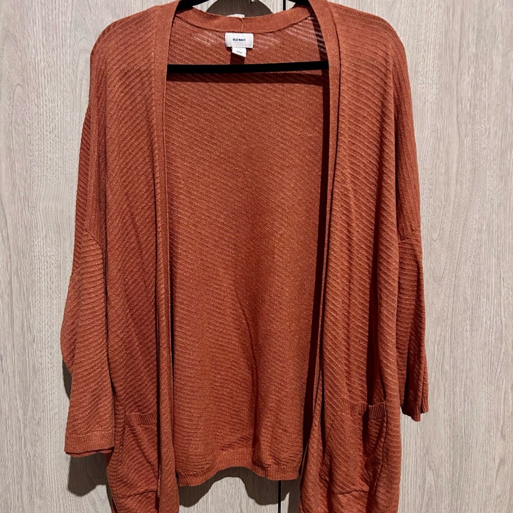 Old Navy Rust Orange Knit Open Front Cardigan Sweater Duster, Relaxed Fit, XXL